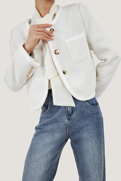 White Frenchy Button Front Detail Tweed Jacket
