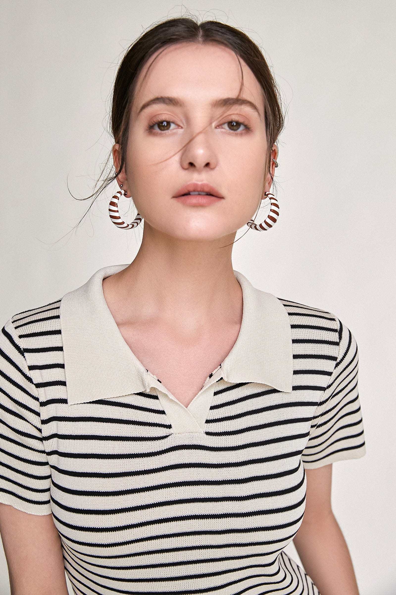 Black Striped Knitted Polo Mini Dress