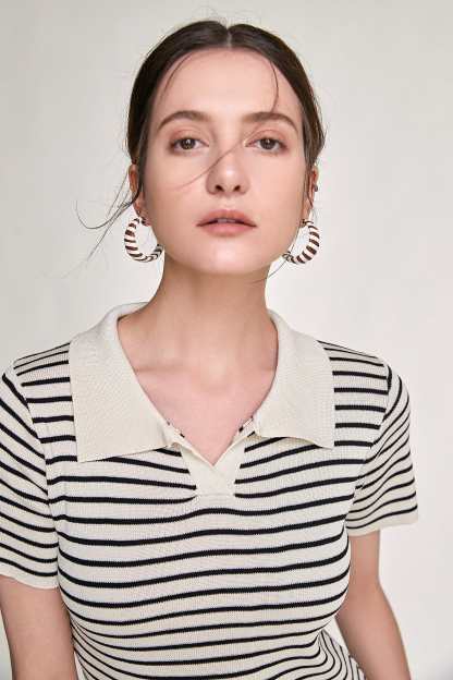 Black Striped Knitted Polo Mini Dress
