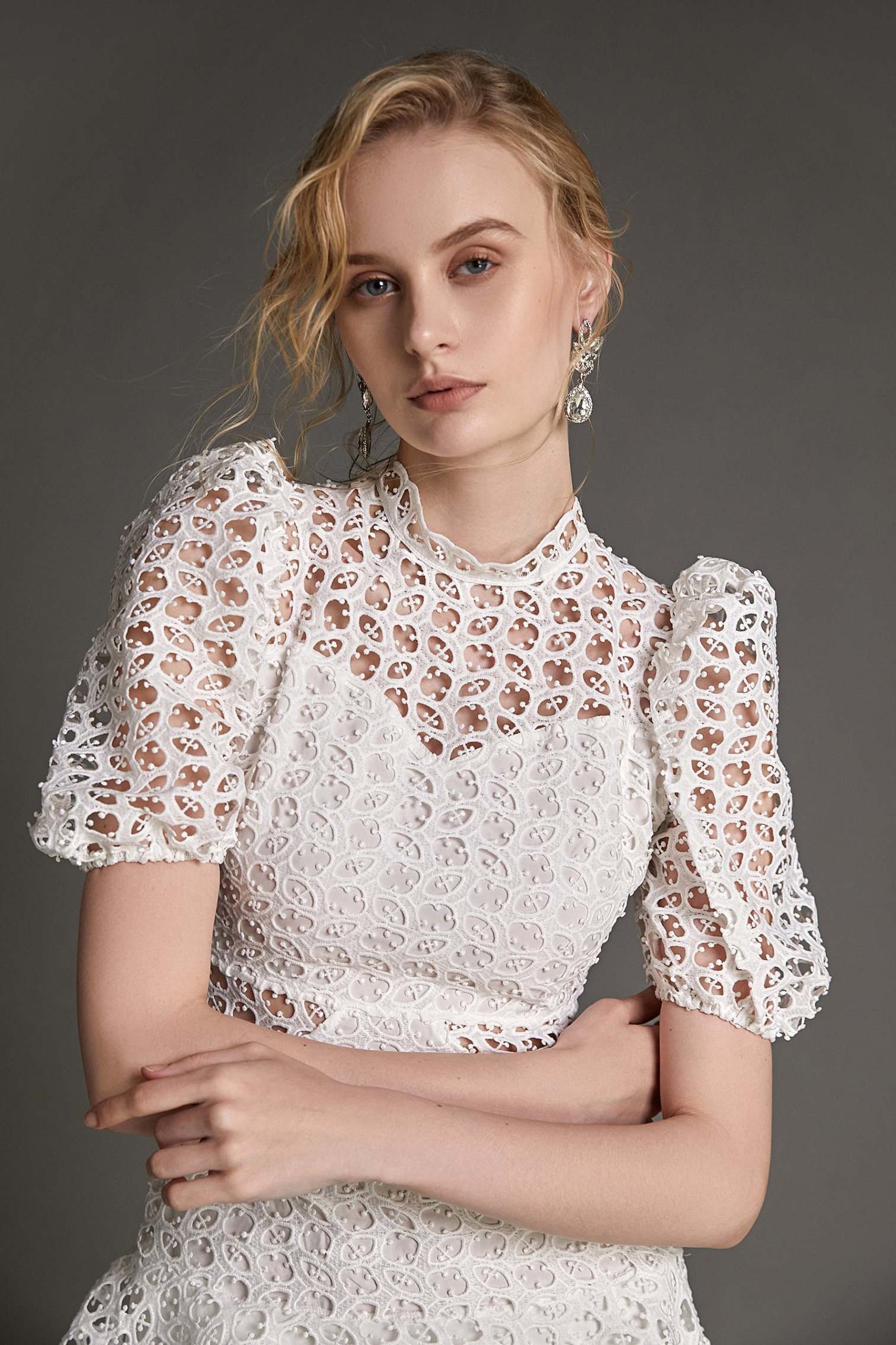 White Crochet Lace Pom Pom Tiered Mini DressJ.ING