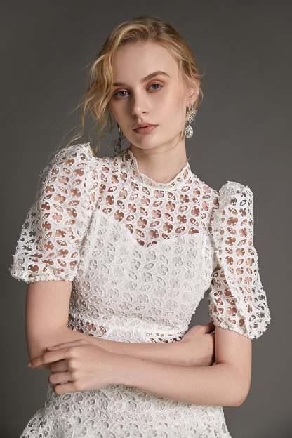 White Crochet Lace Pom Pom Tiered Mini Dress