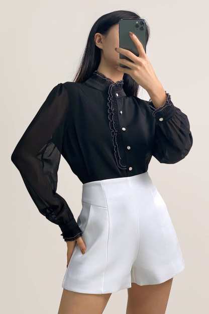 Black High Neck Ruffle Detail Button-Up Work Shirt
