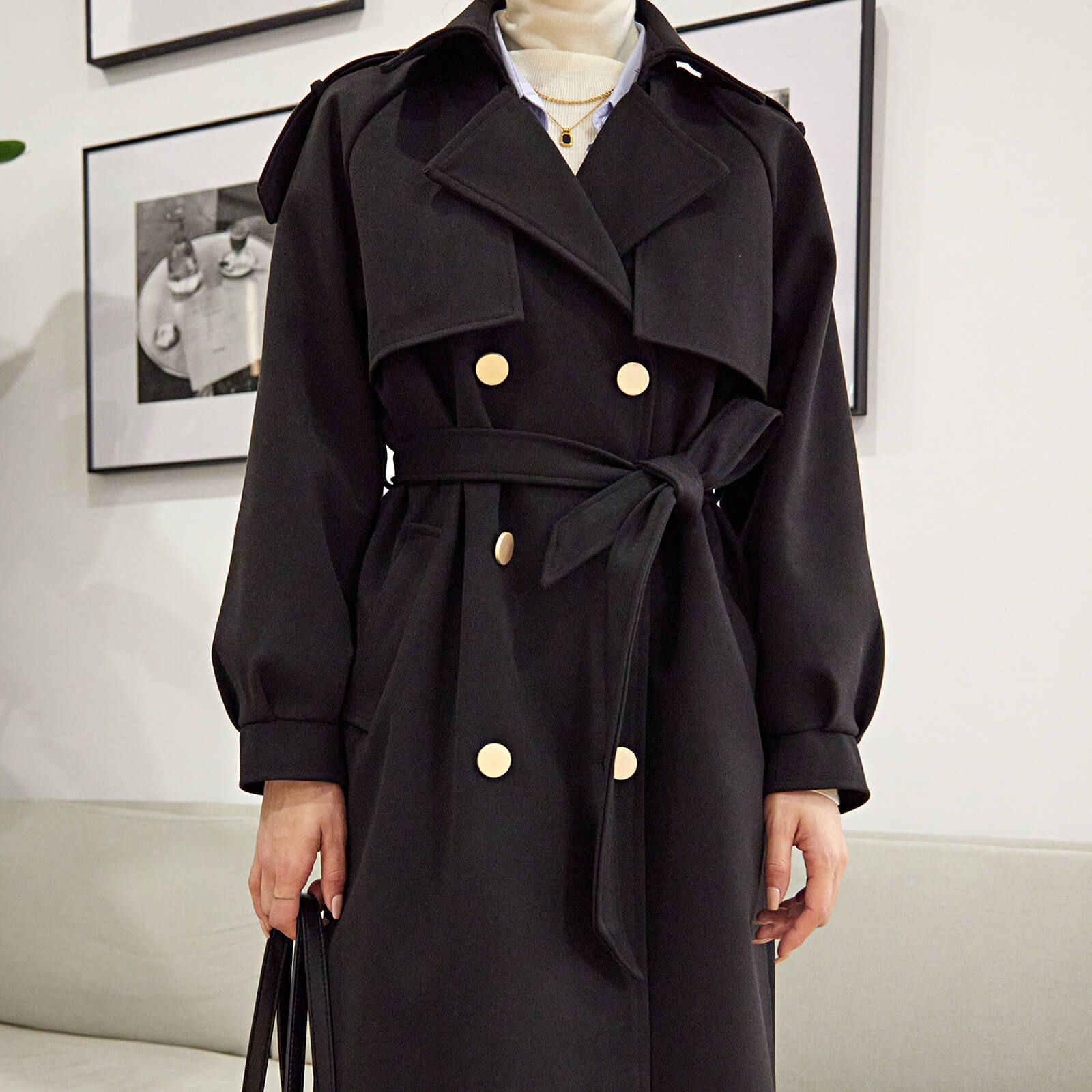 Black Double-Breasted Belted Lapel Collar Longline Coat