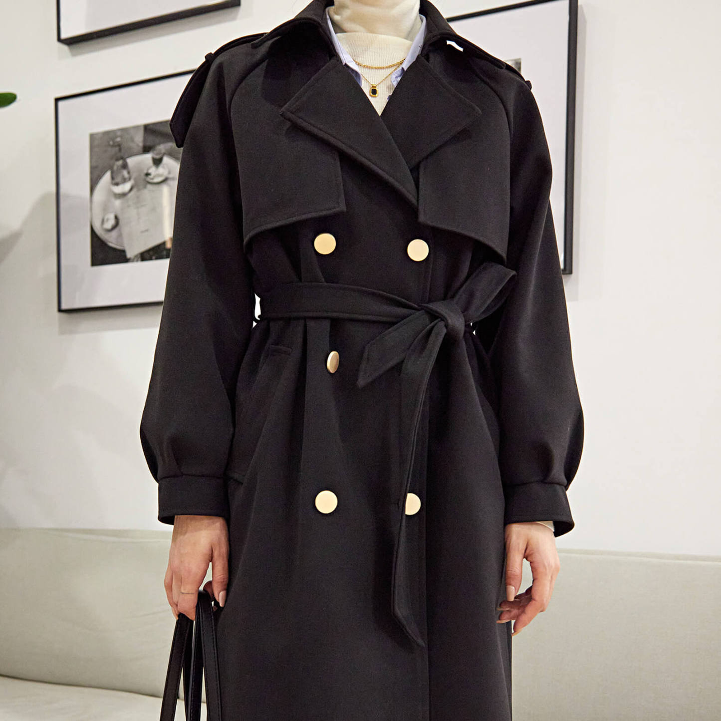 Black Double-Breasted Belted Lapel Collar Longline Coat