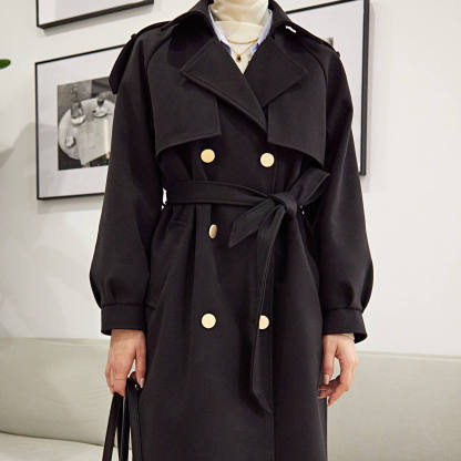 Black Double-Breasted Belted Lapel Collar Longline Coat