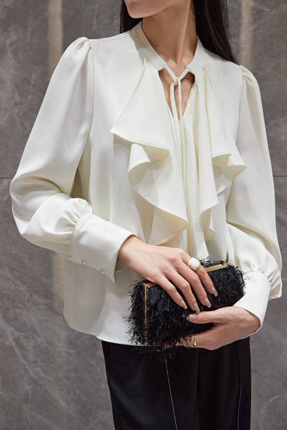 Beige Puffle Front Flounce-Trimmed Long Sleeve Blouse