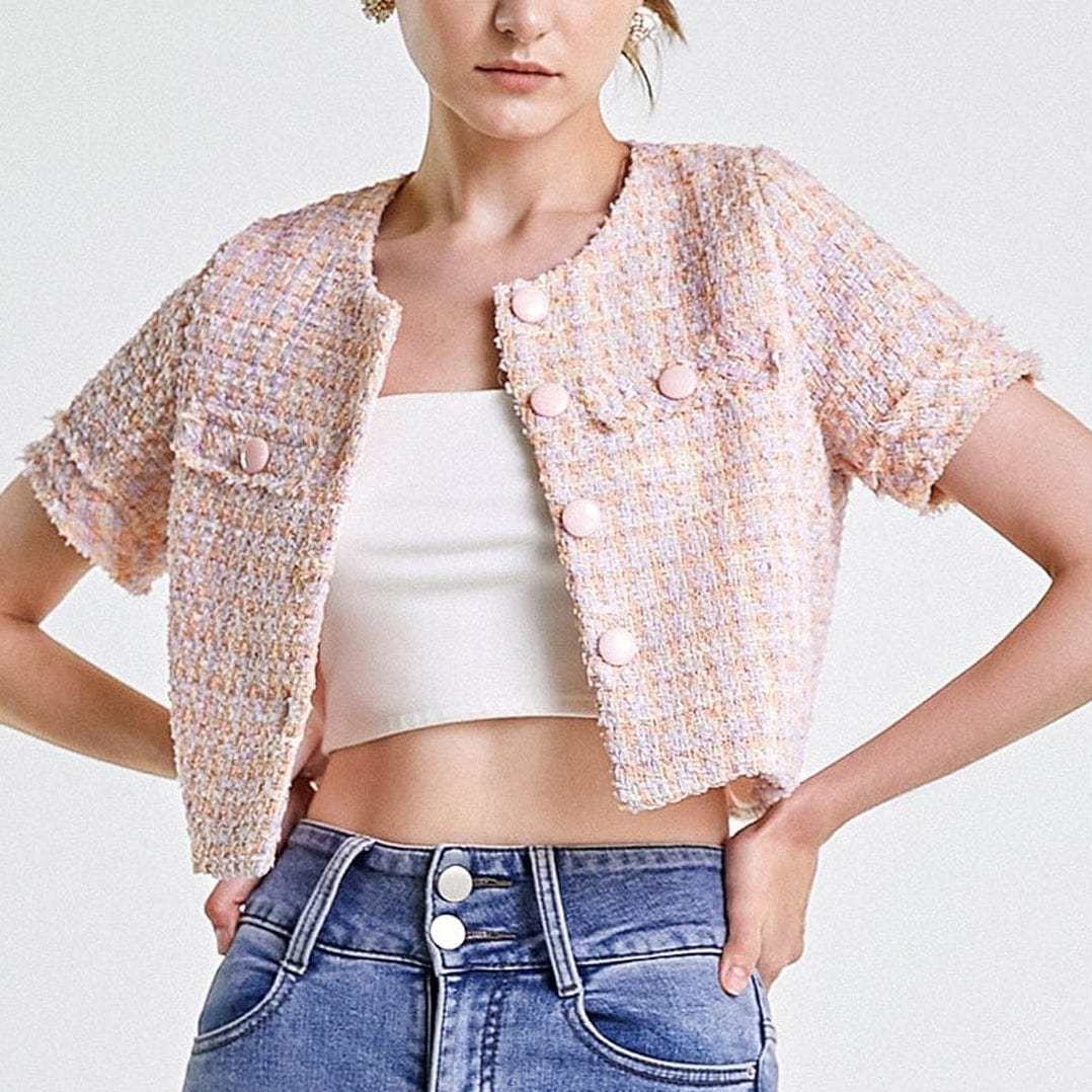★ETMON★ Button Square Tweed Jacket Pink JK120USS42 MUSINSA | ETMON Button Square Tweed Jacket, Pink