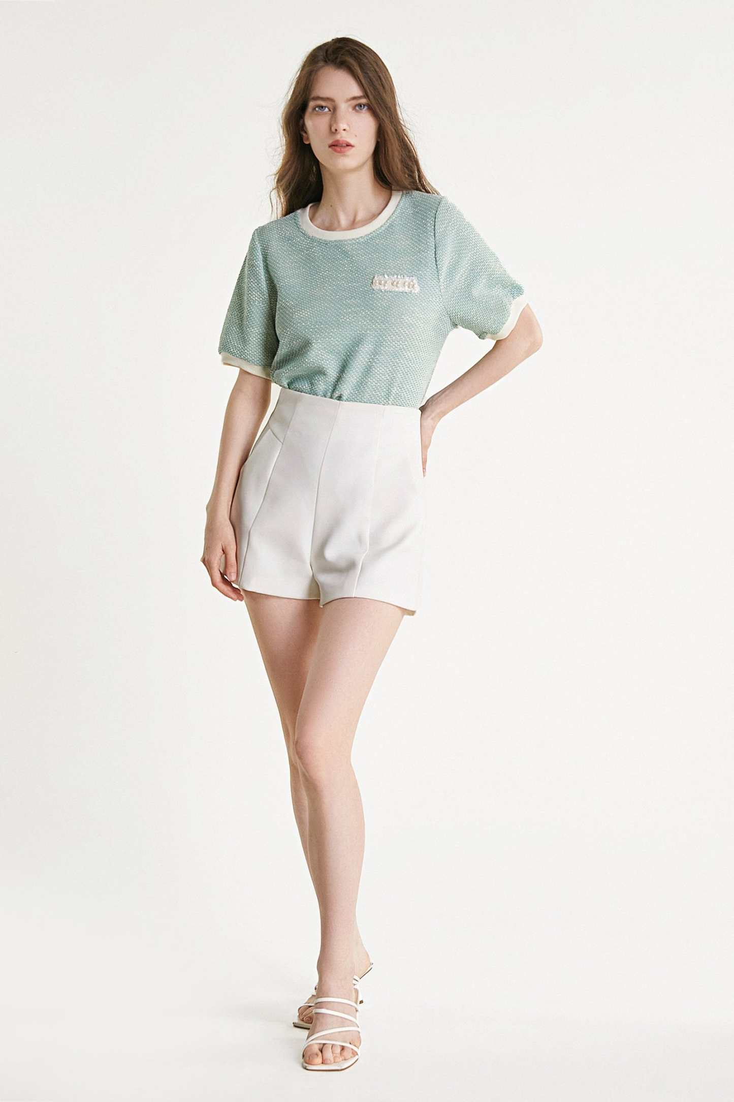 Light Green Textured Round Neck Contrast Trim Detail Blouse