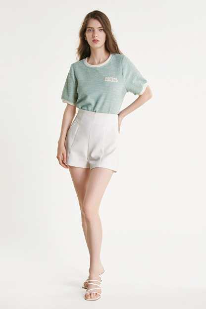 Light Green Textured Round Neck Contrast Trim Detail Blouse