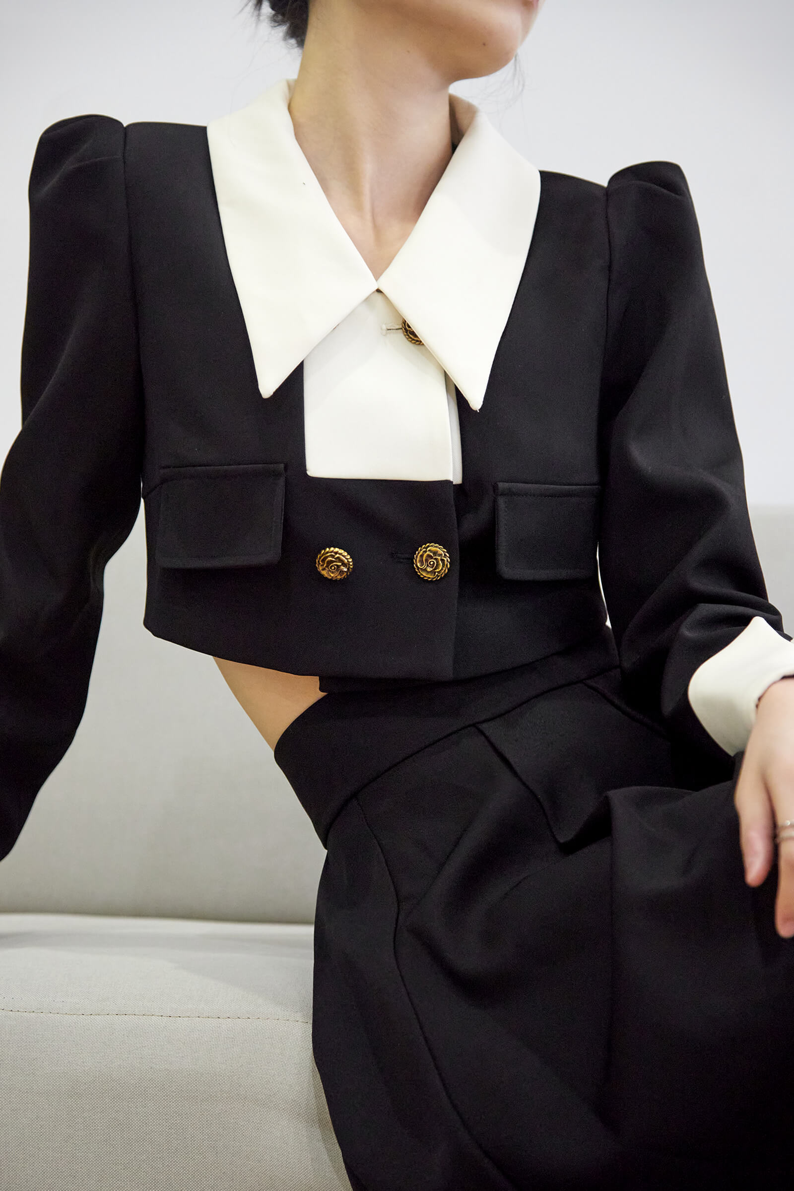 Black Frenchy Double-Breasted Cropped Blazer
