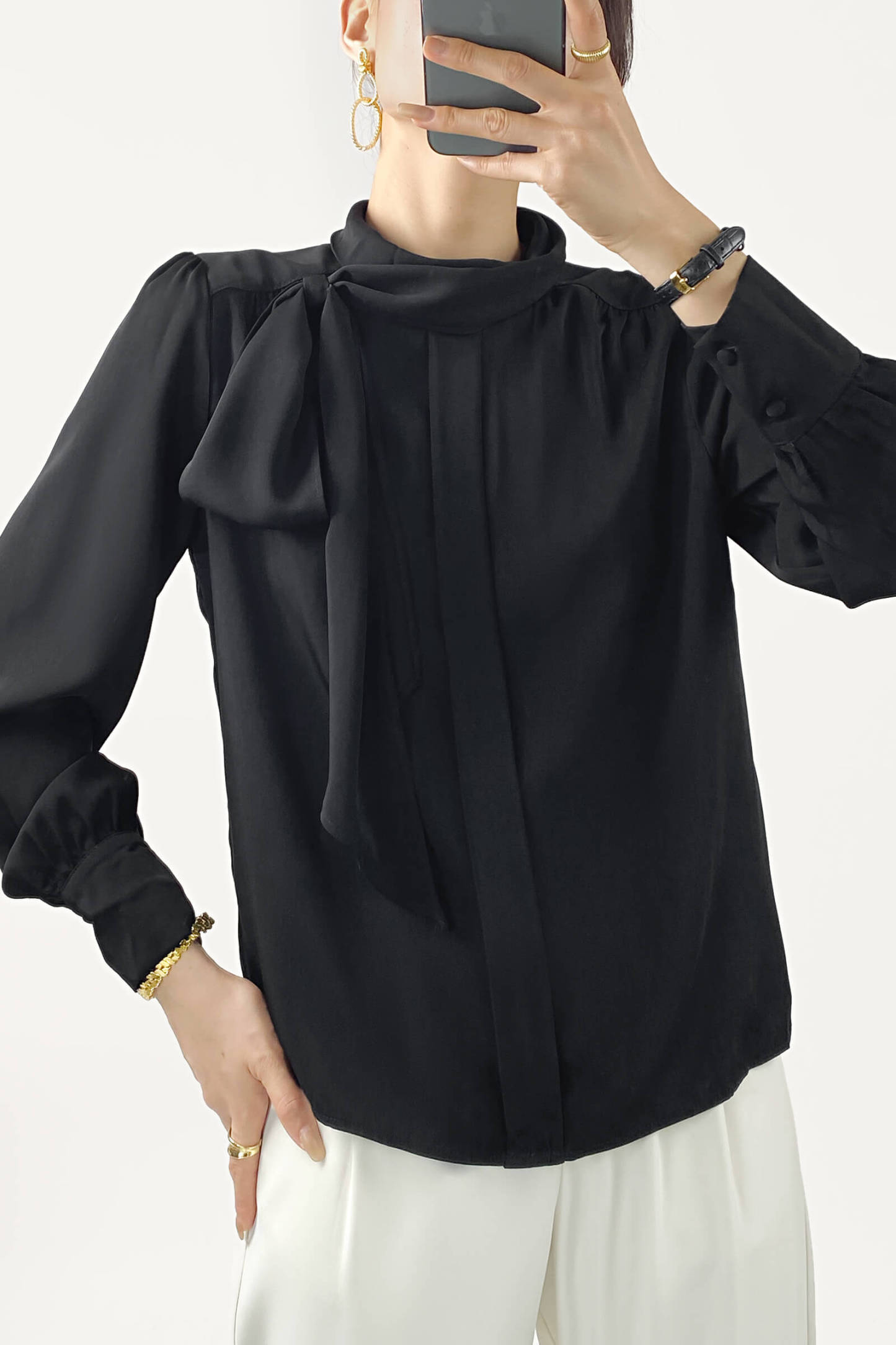 Black Long Sleeve Tie Neck Blouse