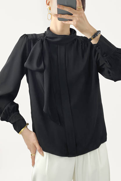 Black Long Sleeve Tie Neck Blouse