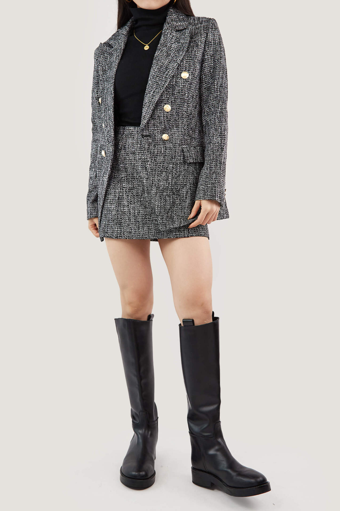 Black Lapel Collar Houndstooth Blazer