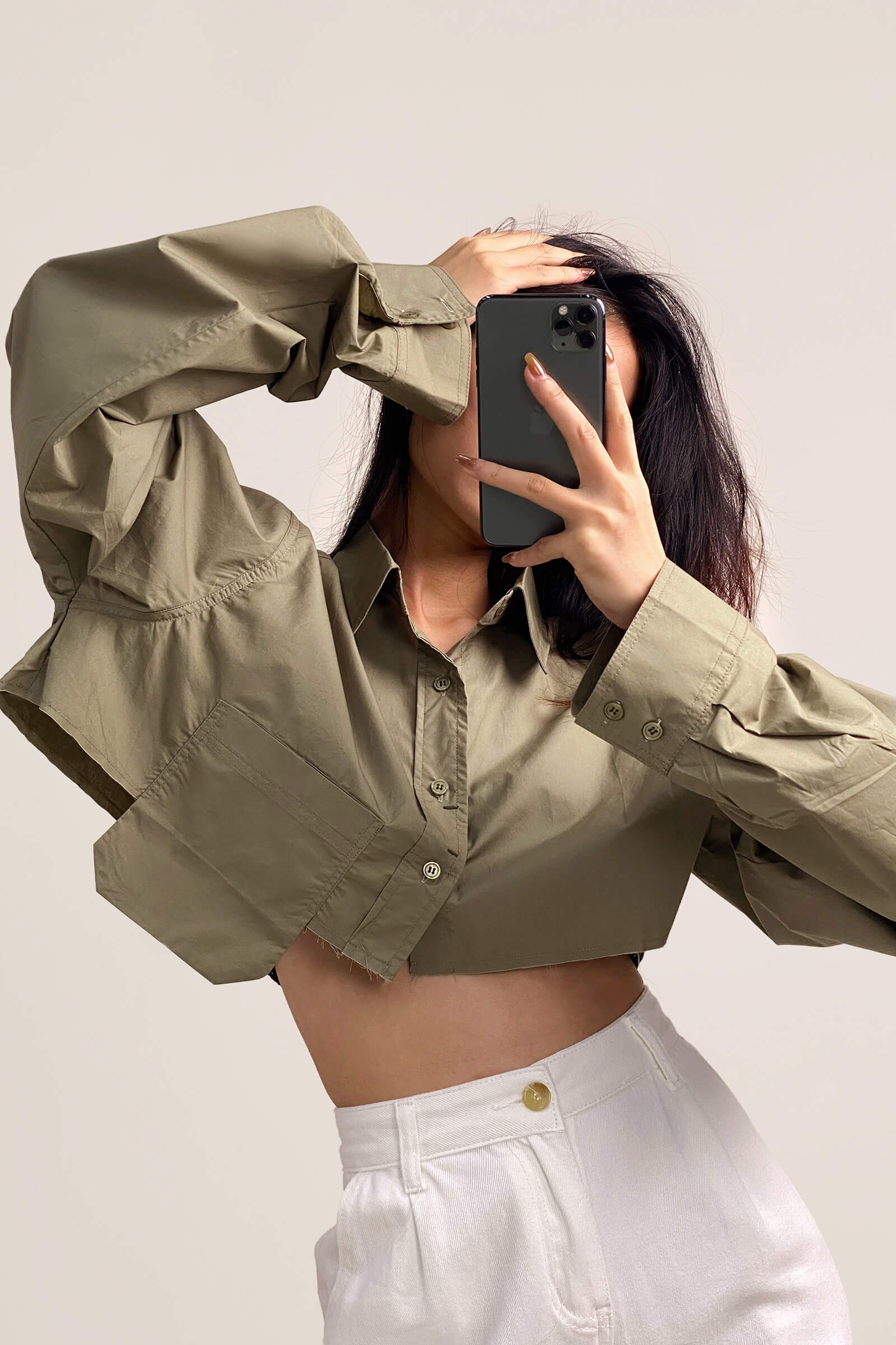 Dark Khaki Pocket Detail Cropped Shirt