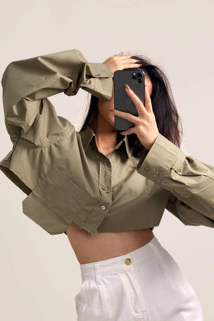 Dark Khaki Pocket Detail Cropped Shirt