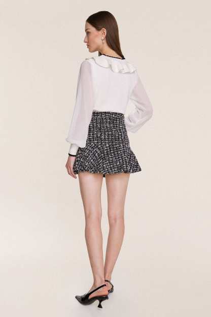 Black Flounce Hem Tweed Mini Skirt