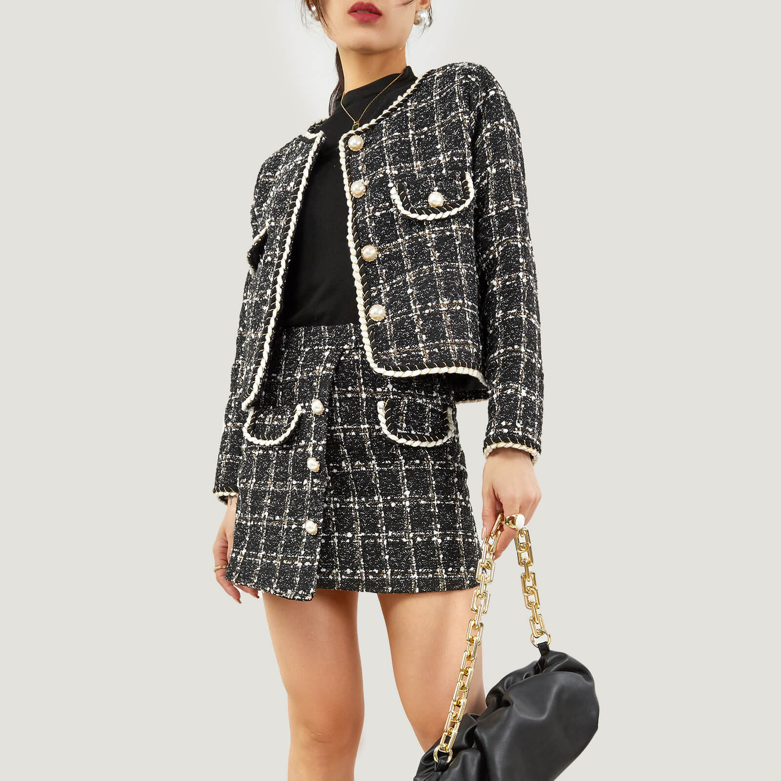 Black Plaid Tweed Fake Flap Pocket Jacket & Skirt Two-Piece Set