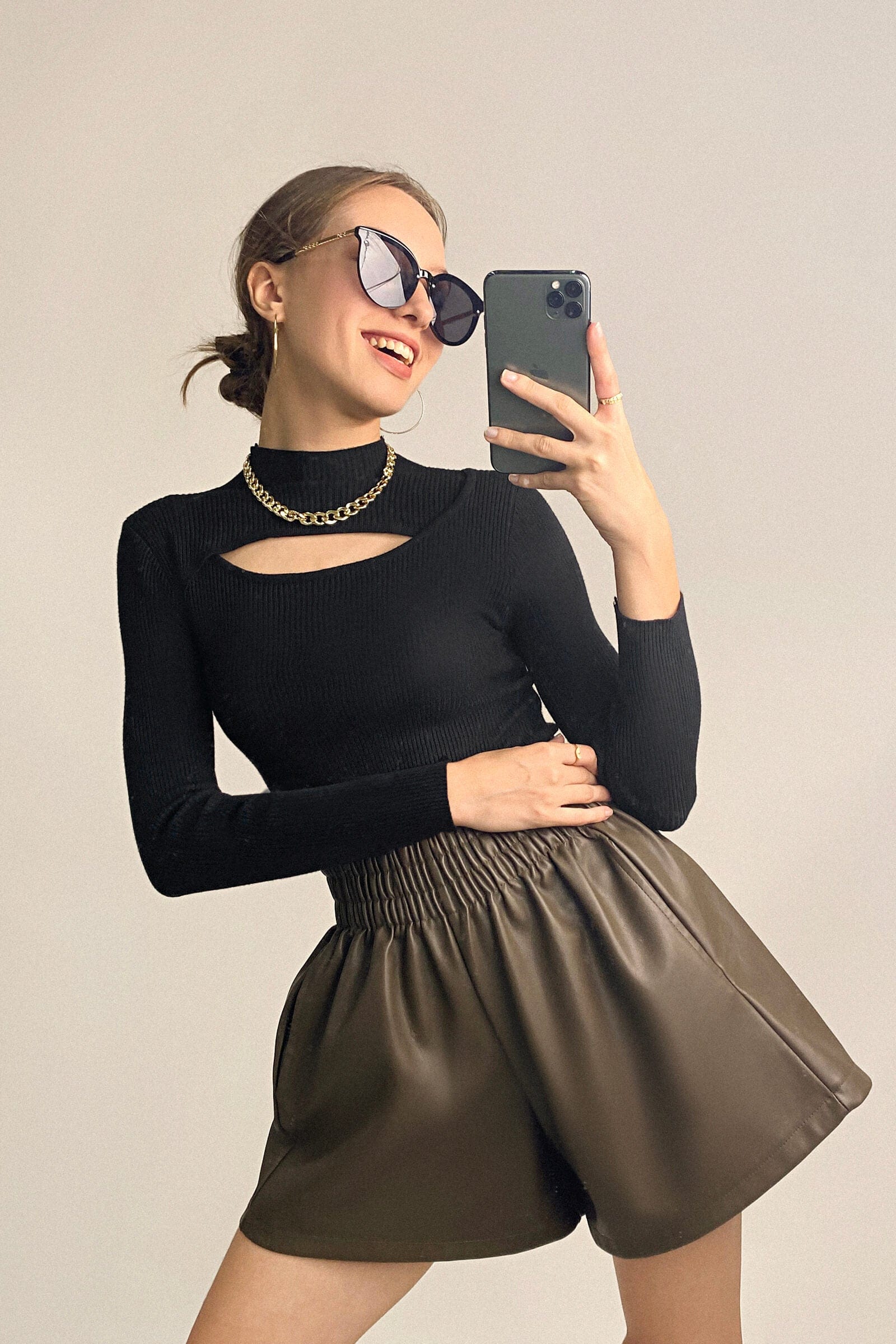 Black Mock Neck Front Cut Out Ribbed Knit Sweater