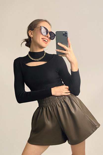 Black Mock Neck Front Cut Out Ribbed Knit Sweater