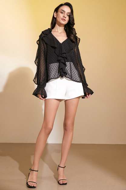 Black Swiss Dot Ruffle Blouse