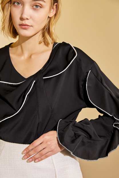 Black Contrast Trim Bowknot Blouse