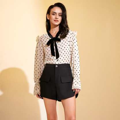 Beige Polka Dot Tie-Neck Blouse