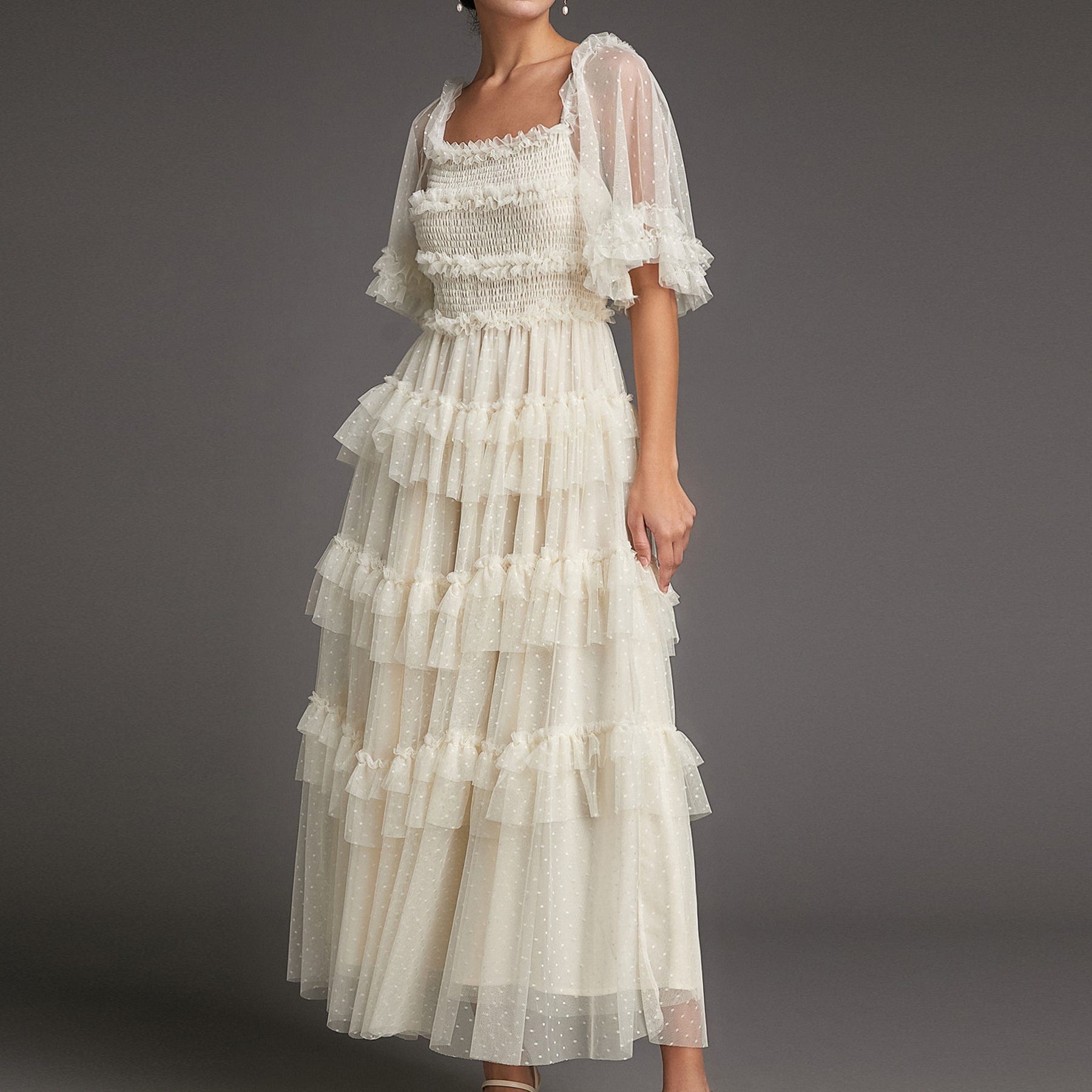 Beige Swiss Dot Mesh Ruffle Tiered Midi Dress