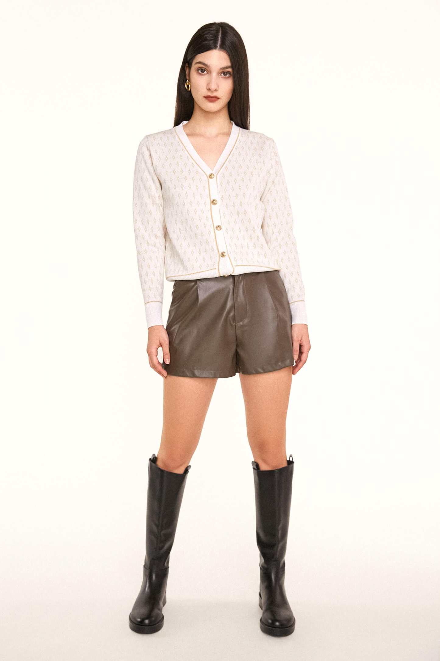 White Jacquard-Knit V-Neck Button-Up Cardigan
