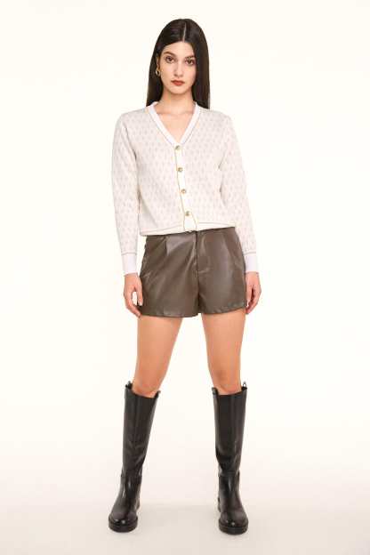 White Jacquard-Knit V-Neck Button-Up Cardigan
