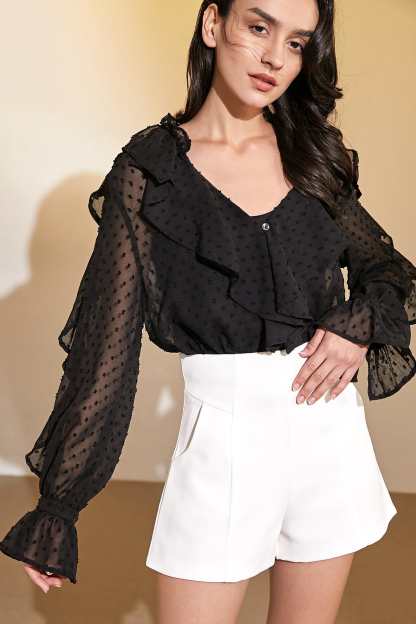 Black Swiss Dot Ruffle Blouse
