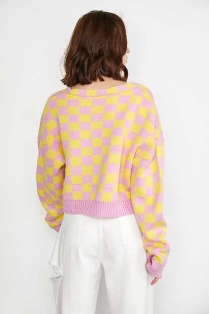Aniceta Yellow Checkerboard Cardigan