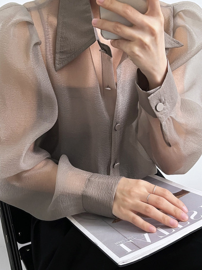 Puff Sleeve Long Sleeve Shirt Grey