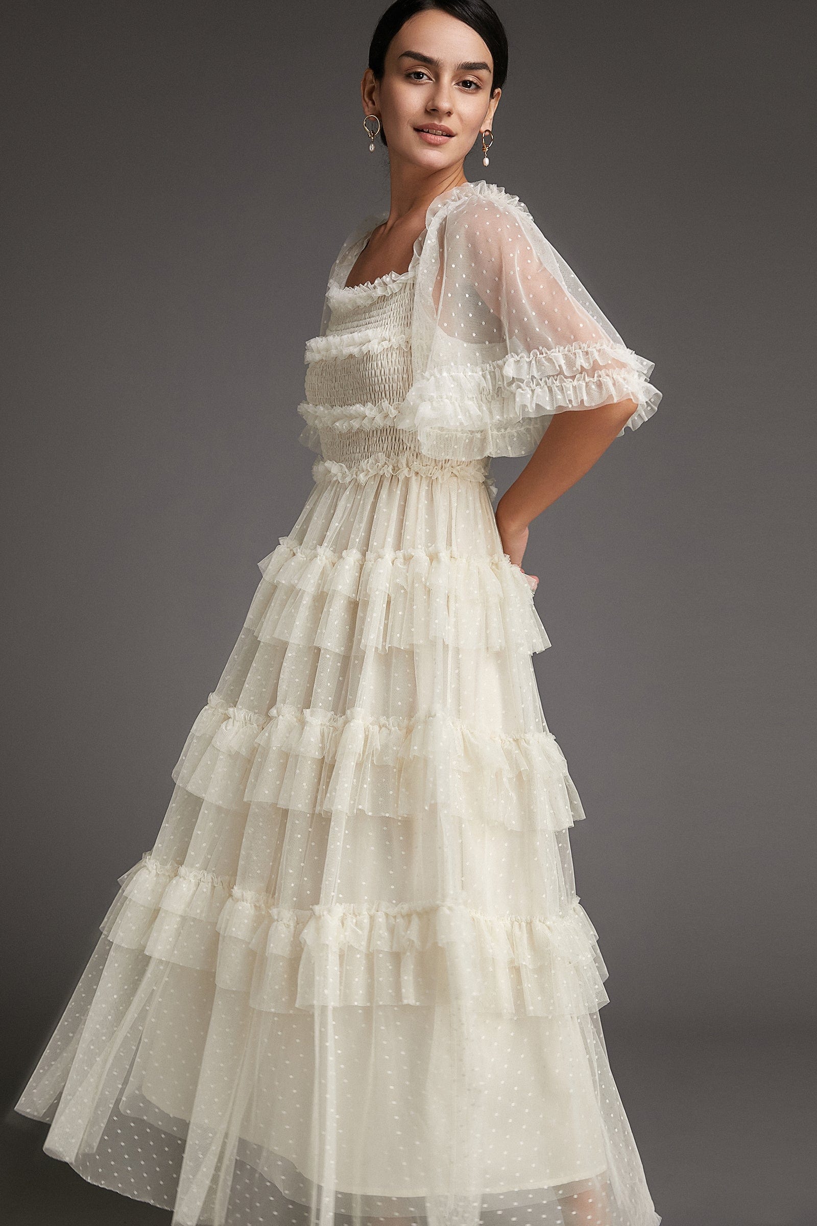 Beige Swiss Dot Mesh Ruffle Tiered Midi Dress