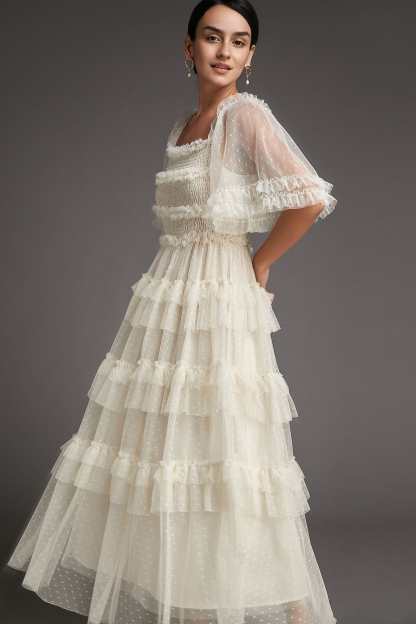 Beige Swiss Dot Mesh Ruffle Tiered Midi Dress