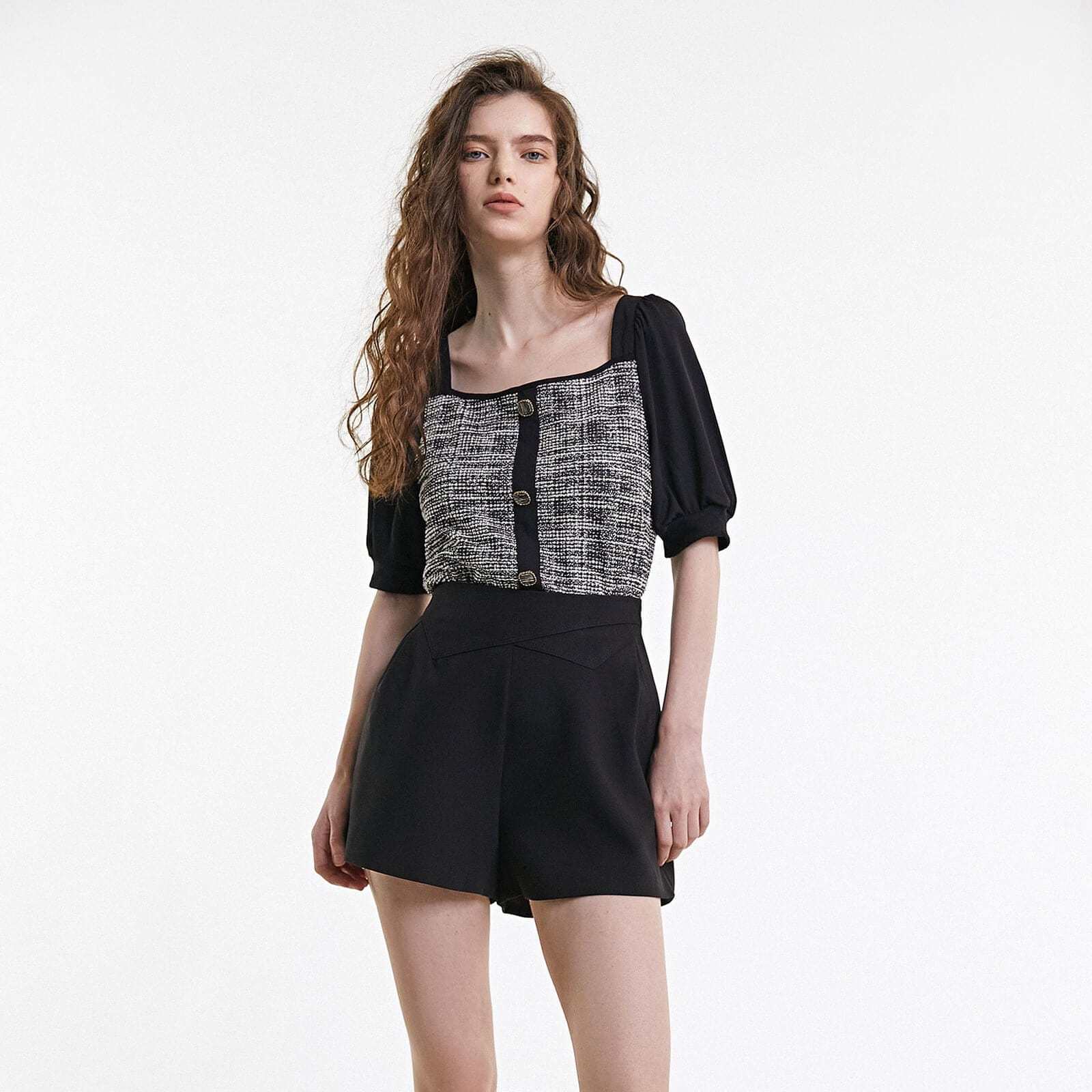 Black Tweed Square Neck Button Detail Puff Sleeve Blouse
