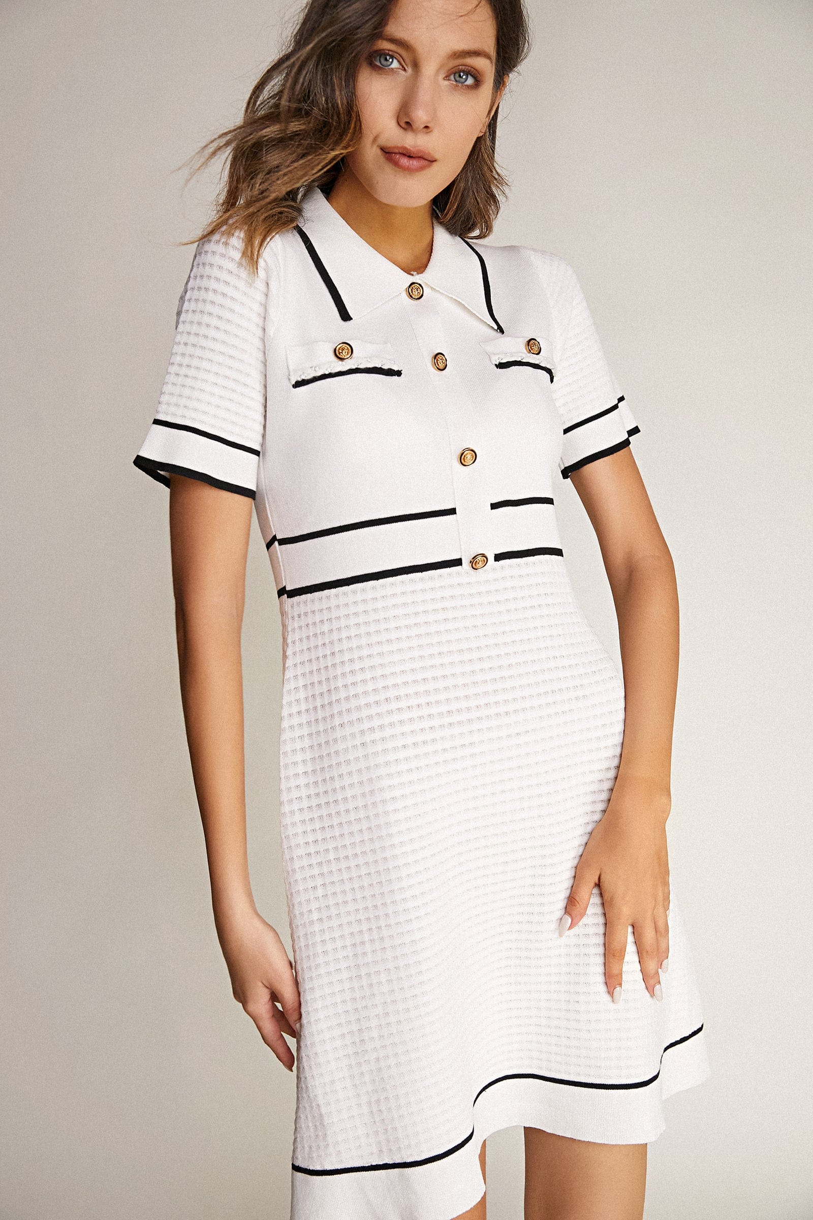 White Contrast Trim Collared Knitted Mini Dress