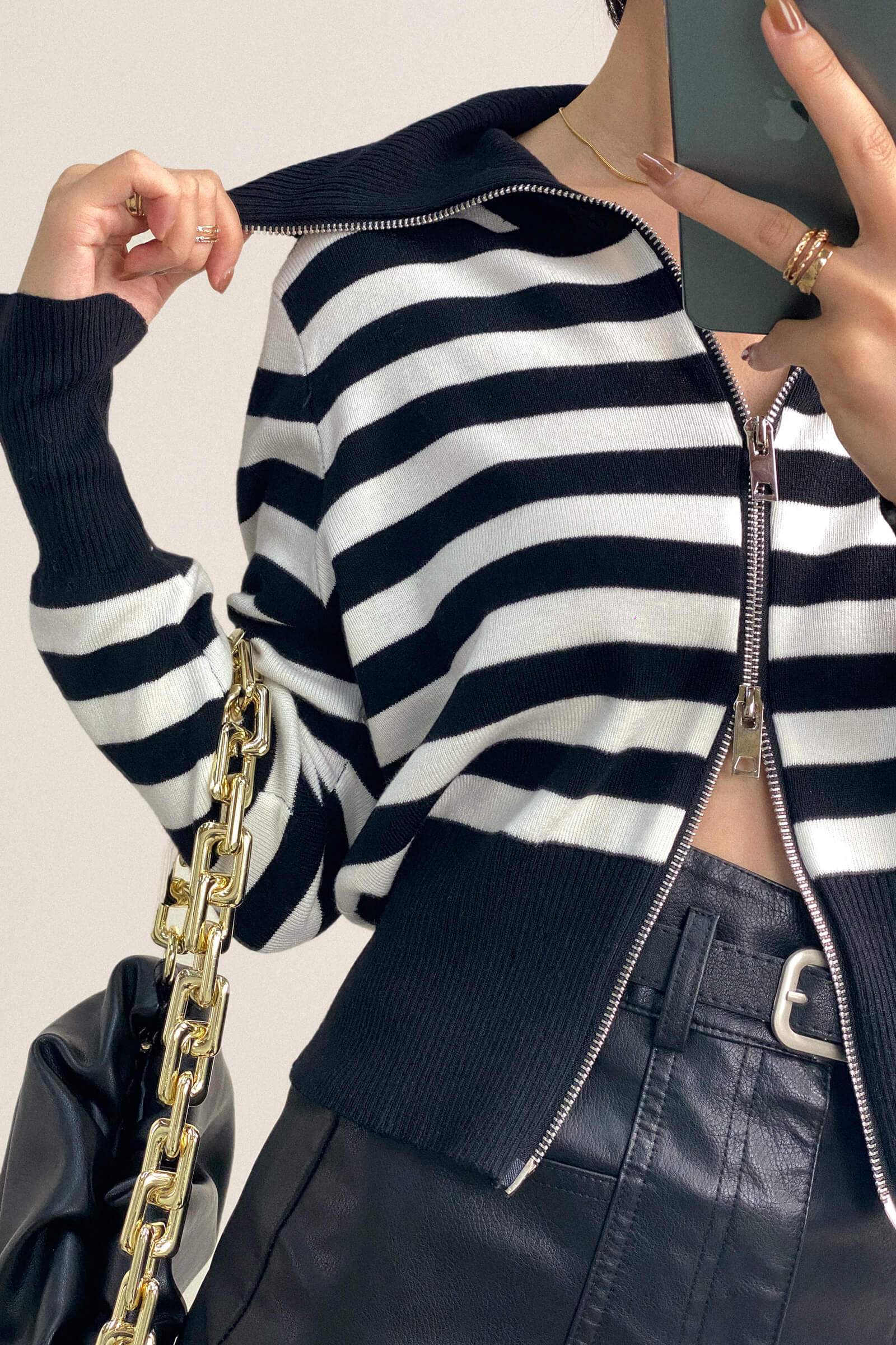 Black And White Striped Wool-Blend Collared Zip-Up Cardigan