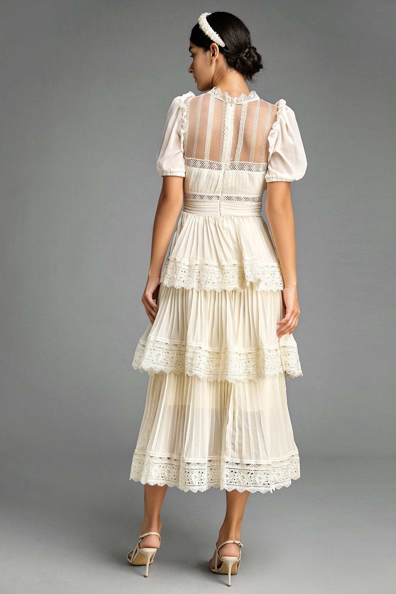 Beige Mesh Lace Trim Pleated Tiered Maxi Dress