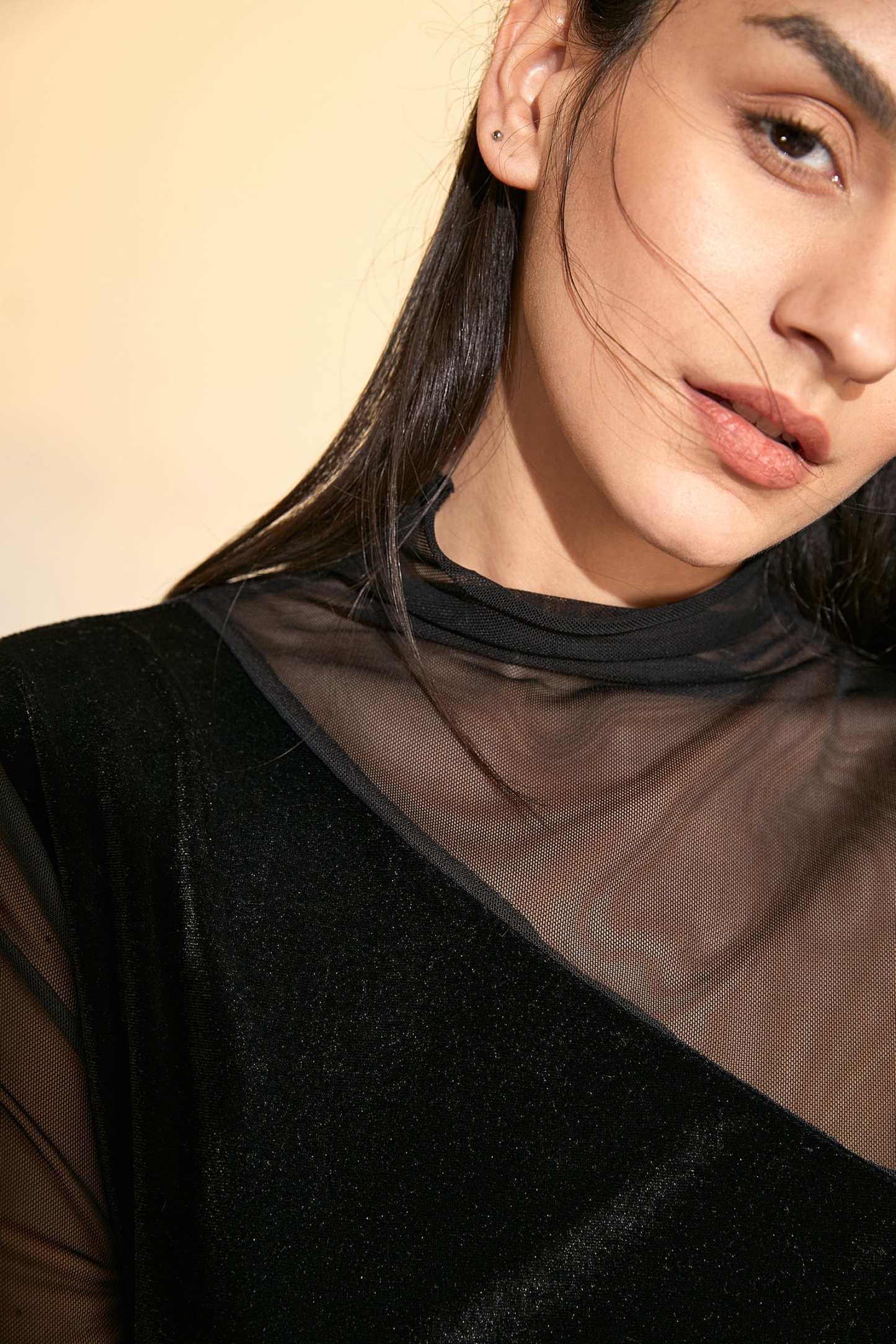 Black Long Sleeve Lace Mesh Mock Neck Blouse