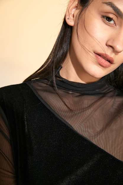 Black Long Sleeve Lace Mesh Mock Neck Blouse