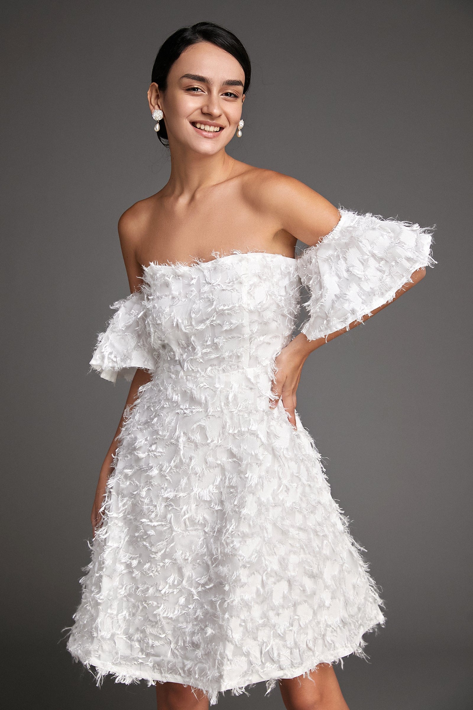 White Off-the-Shoulder Feather Mini Dress