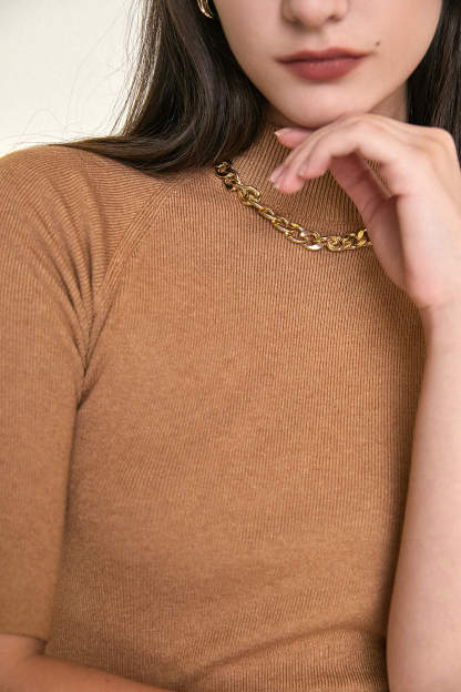 Dark Salmon Mock Neck Short Sleeve Ribbed Knit Sweater Top