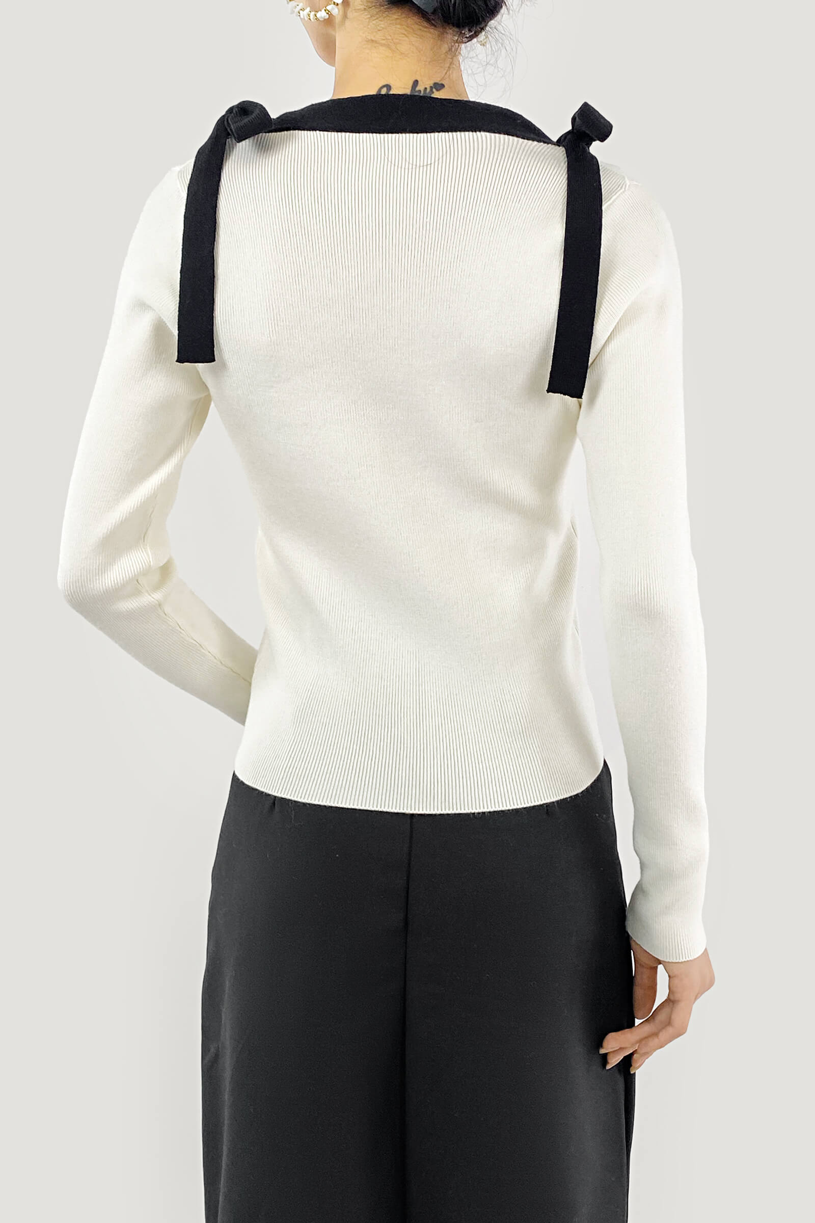 Beige Square Neck Tie Detail Sweater