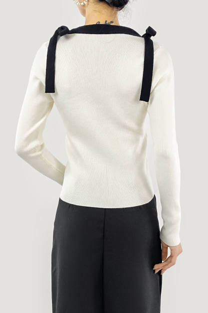 Beige Square Neck Tie Detail Sweater