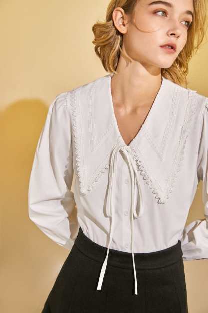 White Lace Trim Button-Up Shirt