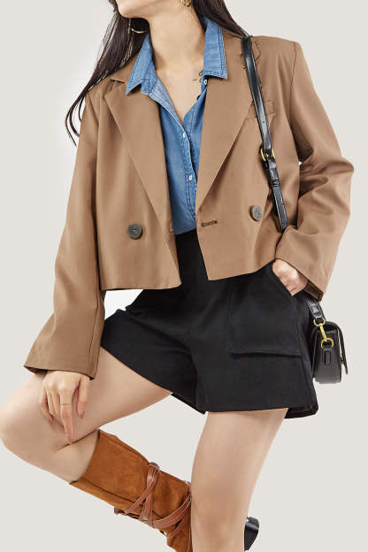 Saddle Brown Double-Breasted Cropped Blazer