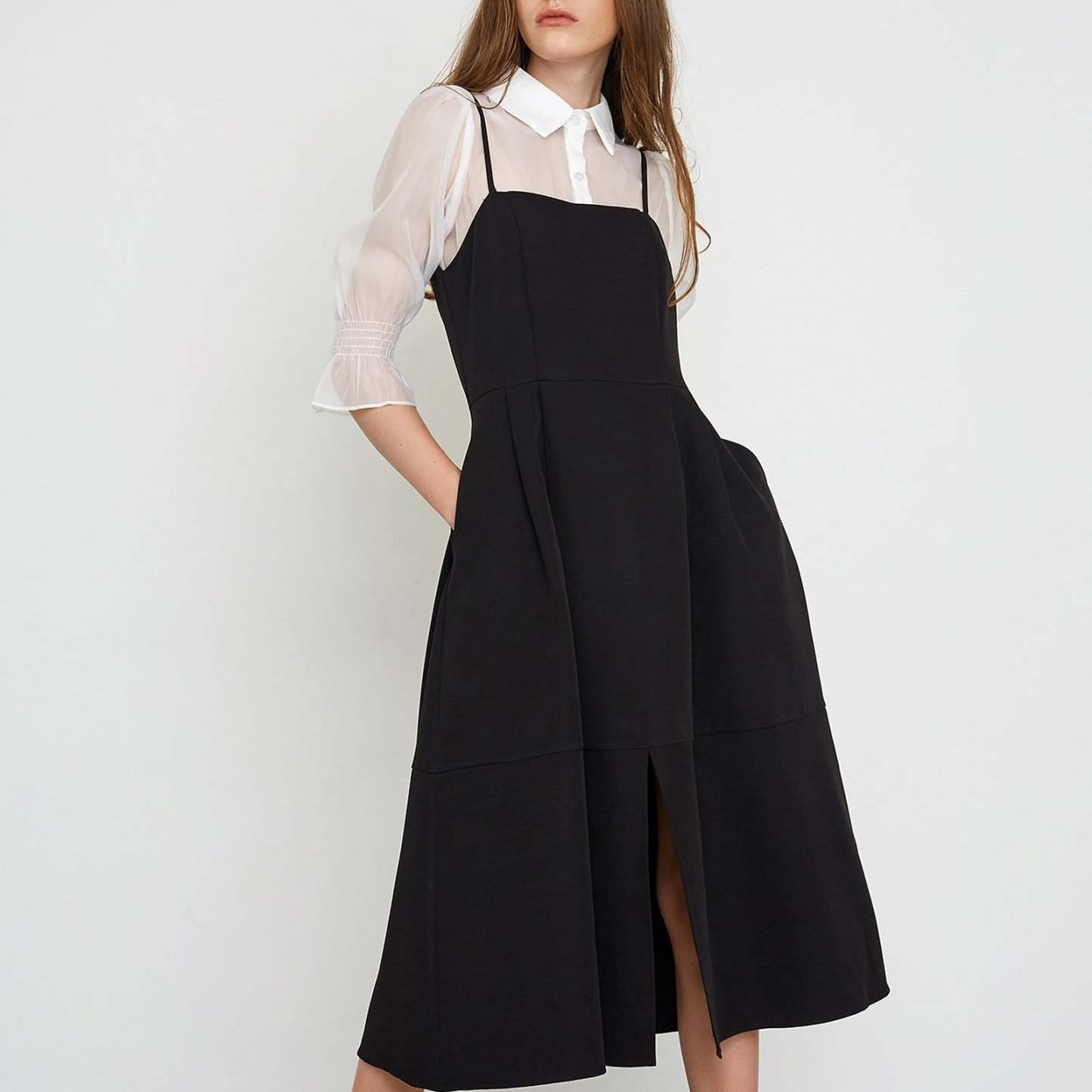Astraea Black Slit Hem Midi Dress