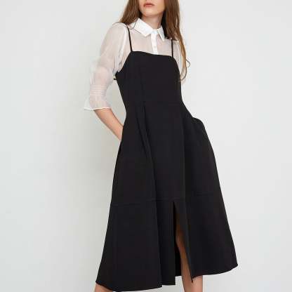 Astraea Black Slit Hem Midi Dress