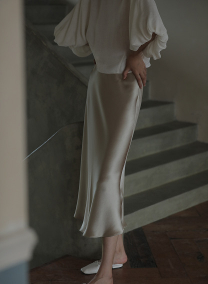 Beige Satin High-Rise A-Line Midi Skirt