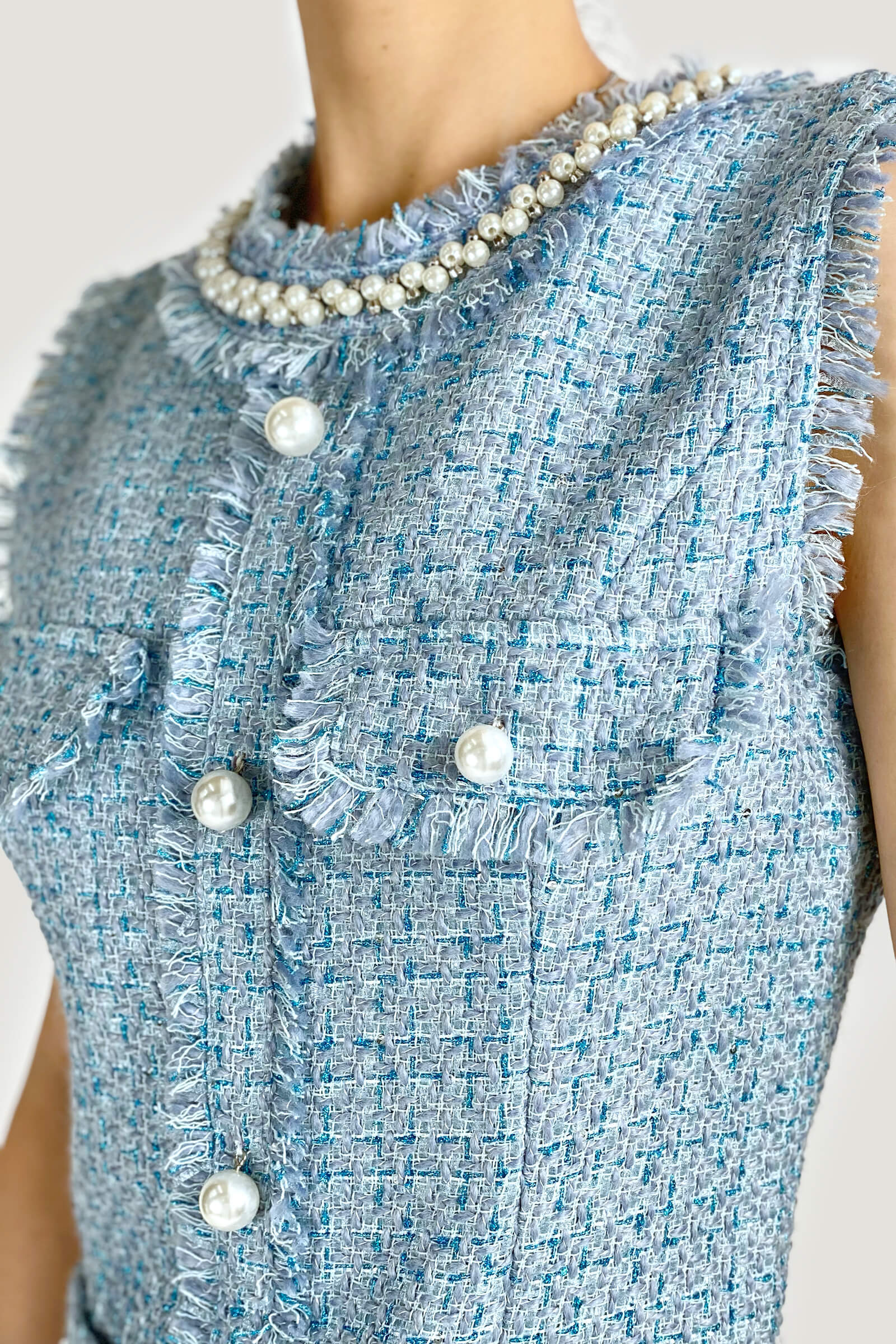 Plaid Raw Trim Tweed Sleeveless Mini Dress